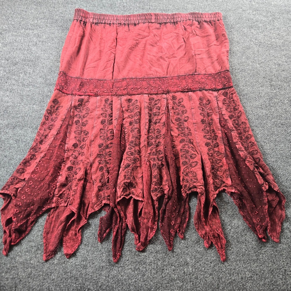Celine Midi Skirt Womens M Red Excellent Handkerchief Hem Embroidered (B10)